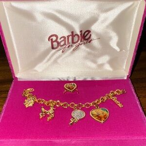 Vintage Barbie Gold Charm Bracelet with Pink Heart and Photo Charms For Girls